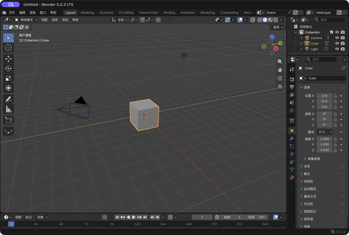 图 01 · 默认 Layout 工作区，立方体处于物体模式。